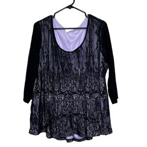 Lane Bryant Womens Plus Size 22 24 Black Lace Purple Underlay 3/4 Sheer Sleeves